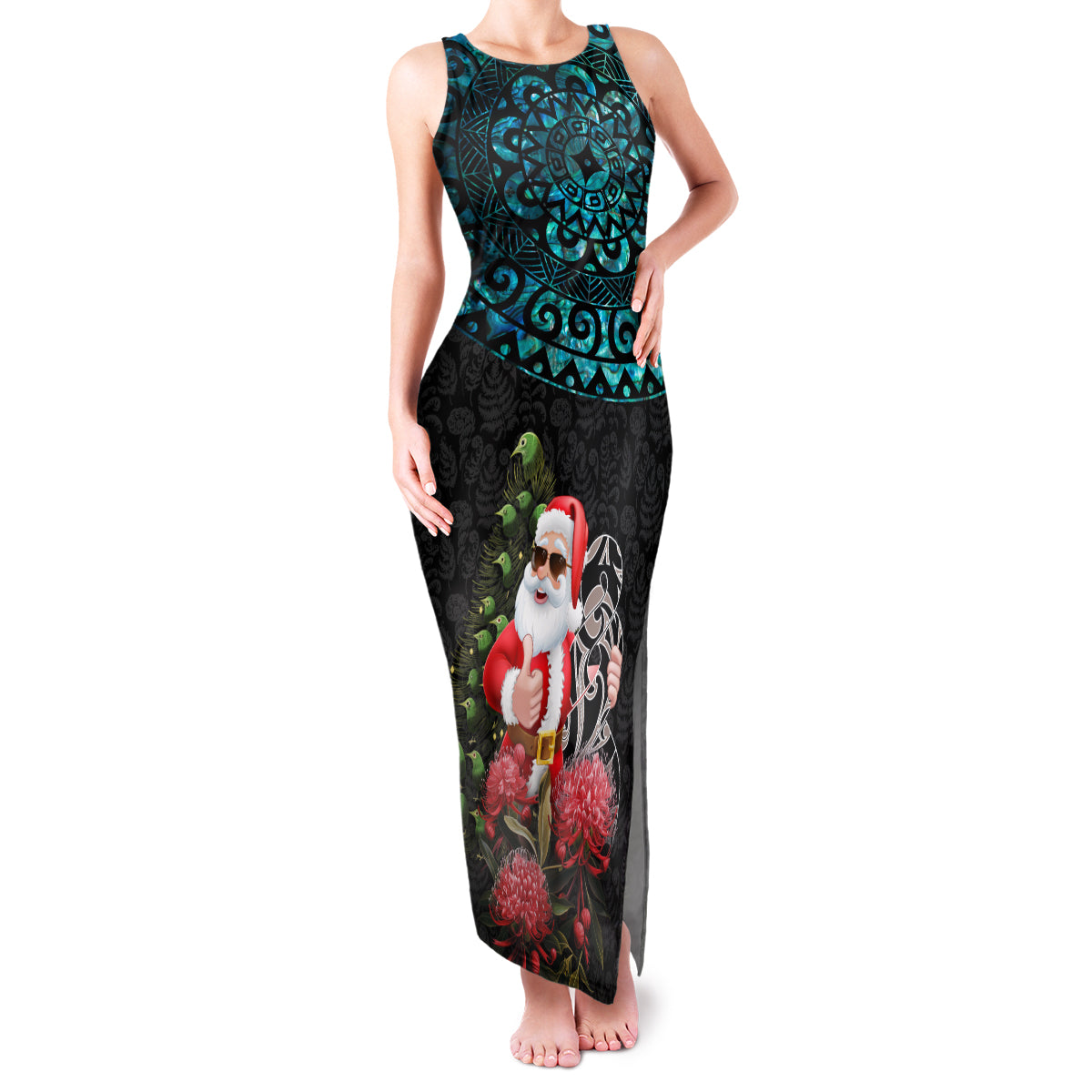 Personalized New Zealand Christmas Family Matching Tank Maxi Dress and Hawaiian Shirt Maori Santa Pikorua and Pohutukawa Meri Kirihimete LT03 Mom's Dress Black - Polynesian Pride