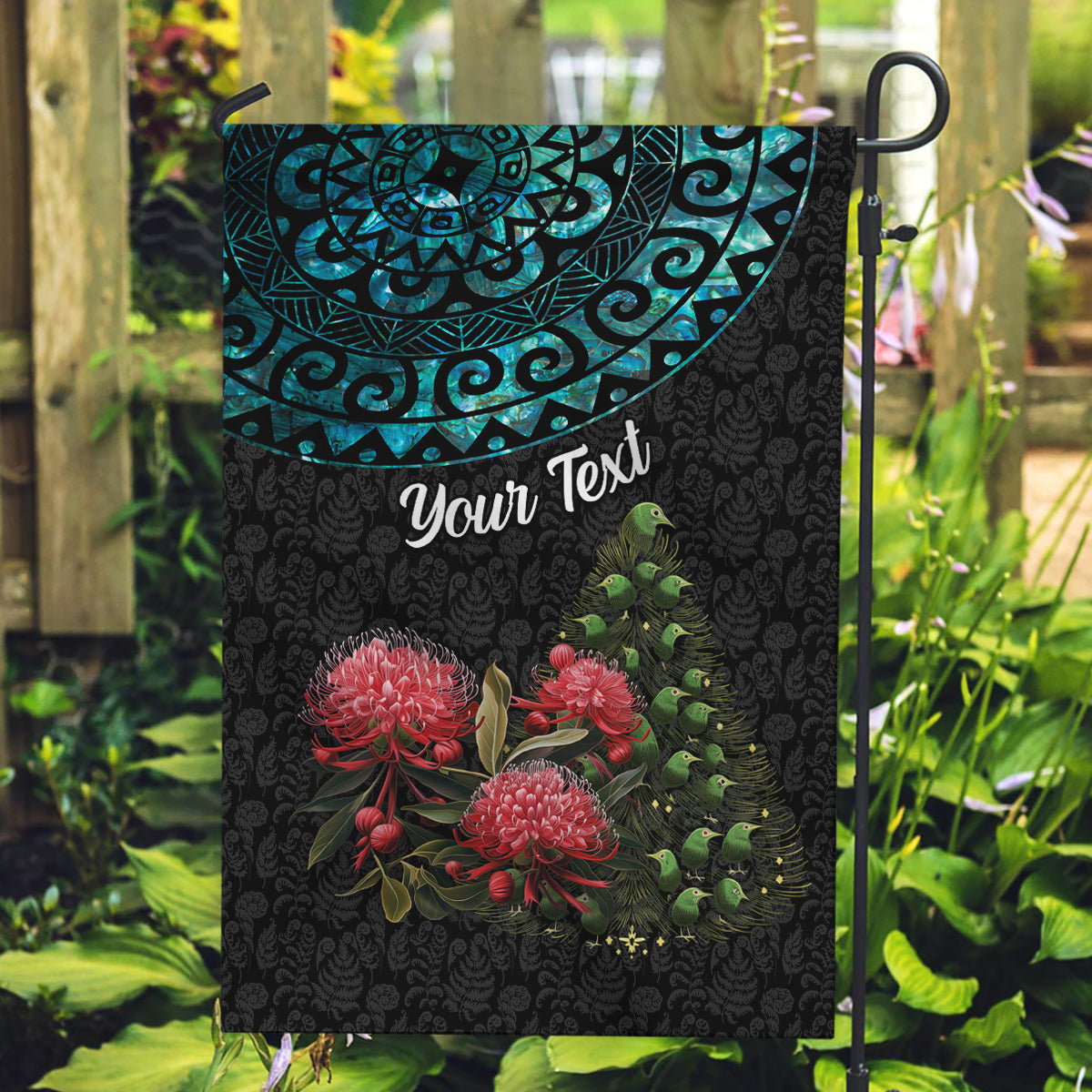 Personalized New Zealand Christmas Garden Flag Maori Santa Pikorua and Pohutukawa Meri Kirihimete LT03 Garden Flag Black - Polynesian Pride