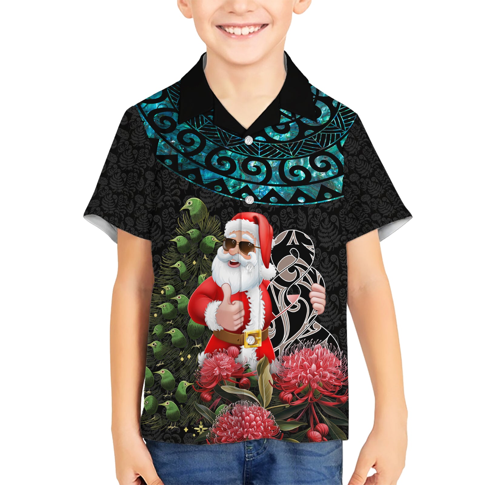 Personalized New Zealand Christmas Kid Hawaiian Shirt Maori Santa Pikorua and Pohutukawa Meri Kirihimete LT03 Kid Black - Polynesian Pride