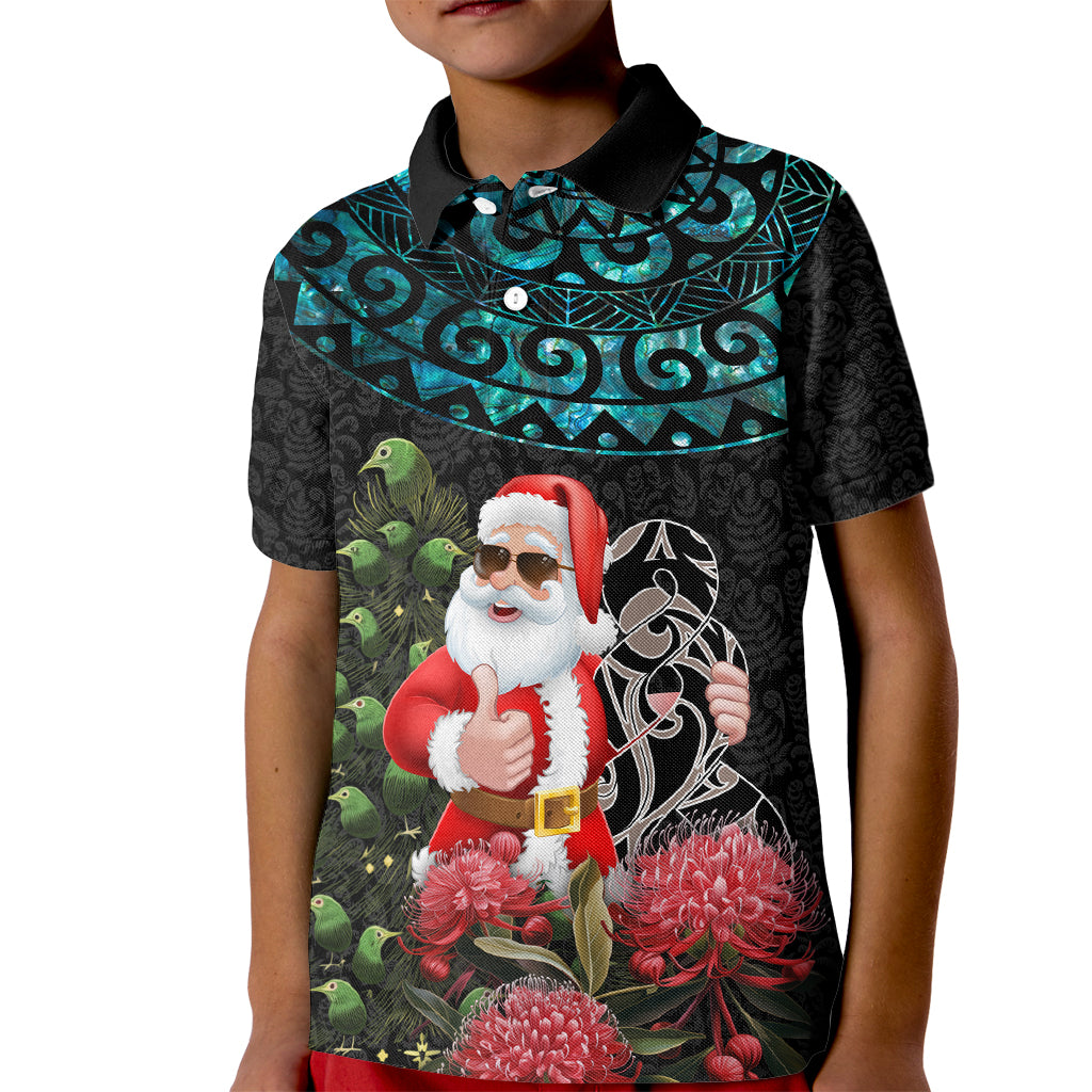 Personalized New Zealand Christmas Kid Polo Shirt Maori Santa Pikorua and Pohutukawa Meri Kirihimete LT03 Kid Black - Polynesian Pride