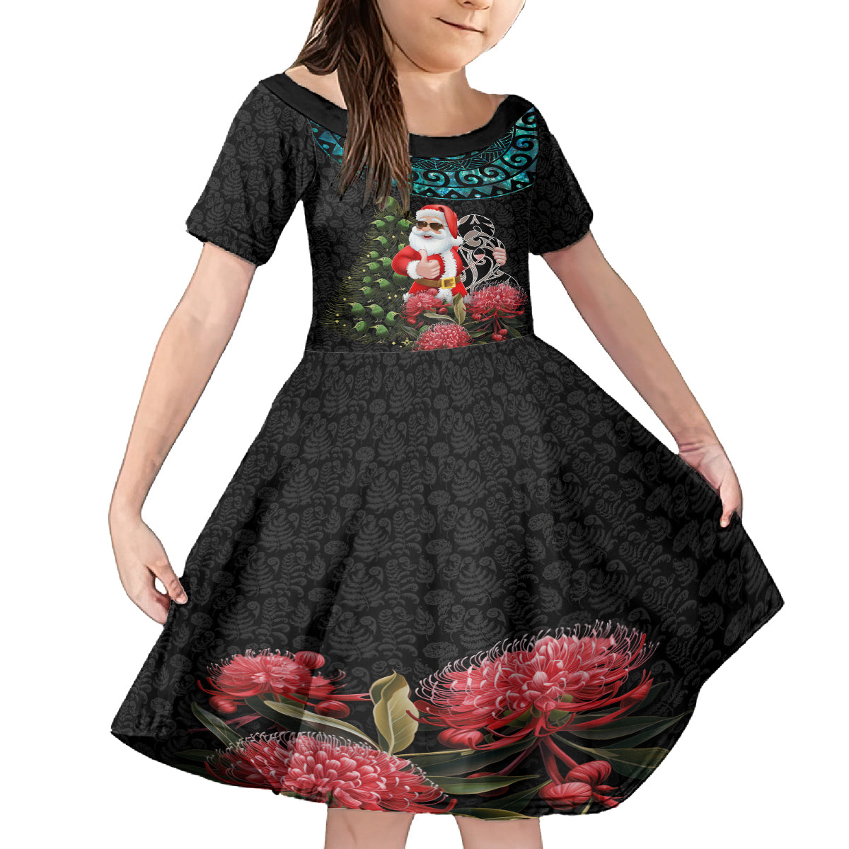 Personalized New Zealand Christmas Kid Short Sleeve Dress Maori Santa Pikorua and Pohutukawa Meri Kirihimete LT03 KID Black - Polynesian Pride