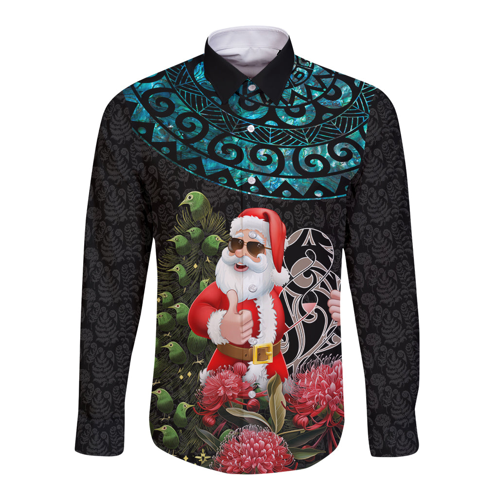 Personalized New Zealand Christmas Long Sleeve Button Shirt Maori Santa Pikorua and Pohutukawa Meri Kirihimete LT03 Unisex Black - Polynesian Pride