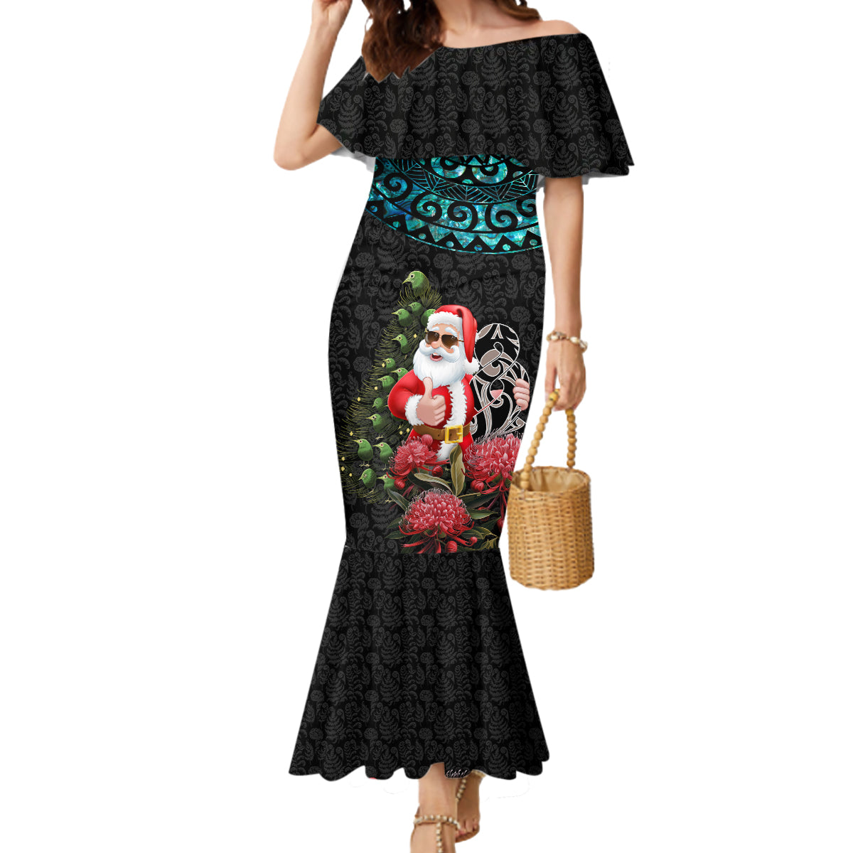 Personalized New Zealand Christmas Mermaid Dress Maori Santa Pikorua and Pohutukawa Meri Kirihimete LT03 Women Black - Polynesian Pride