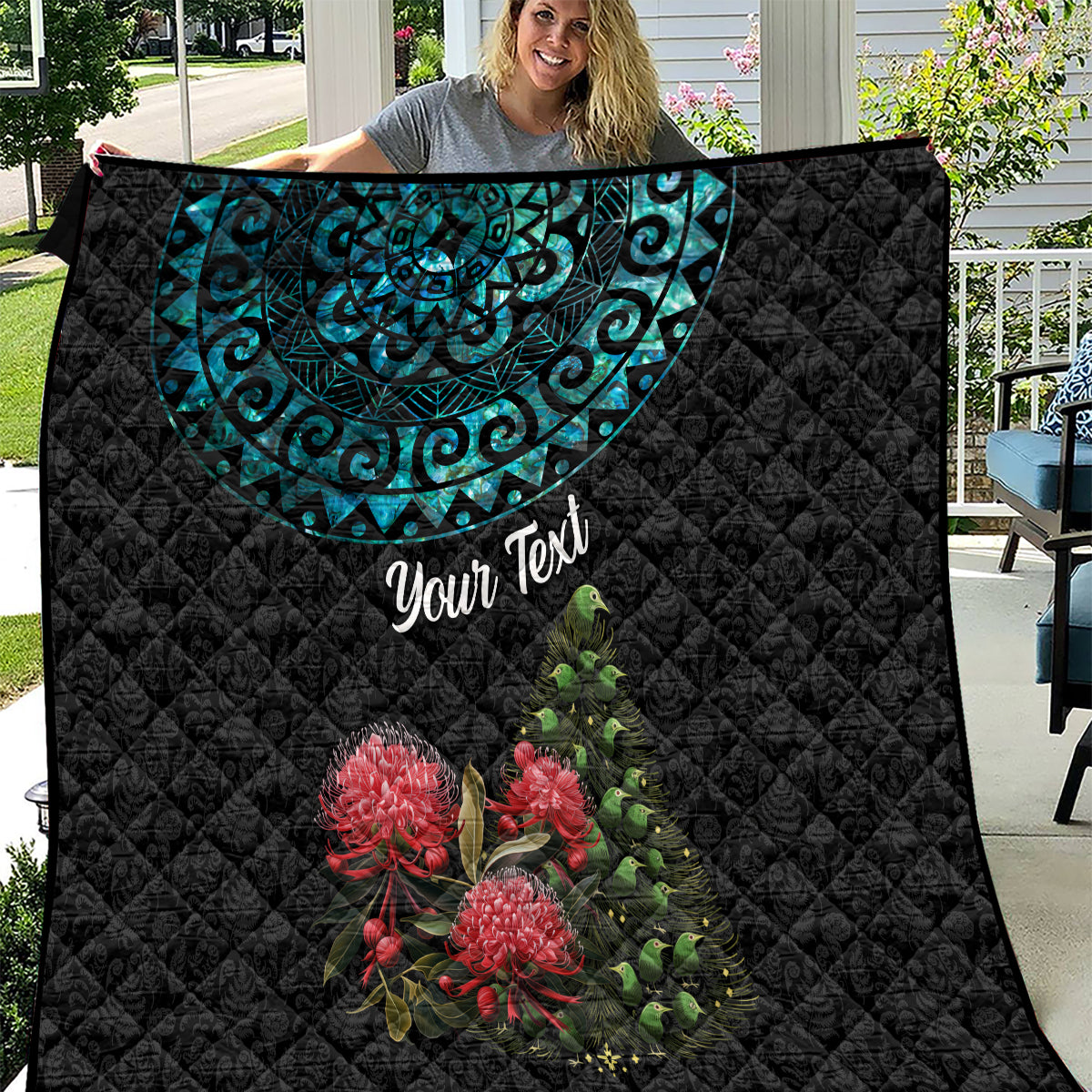 Personalized New Zealand Christmas Quilt Maori Santa Pikorua and Pohutukawa Meri Kirihimete LT03 Black - Polynesian Pride