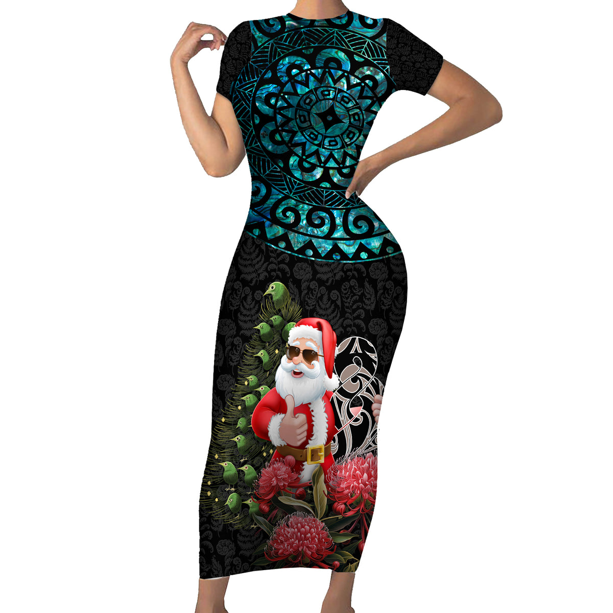 Personalized New Zealand Christmas Short Sleeve Bodycon Dress Maori Santa Pikorua and Pohutukawa Meri Kirihimete LT03 Long Dress Black - Polynesian Pride