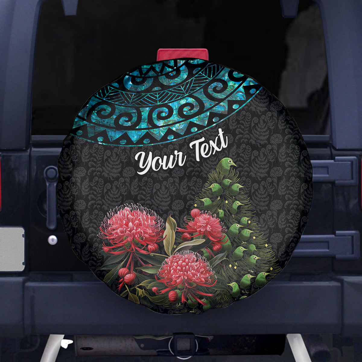 Personalized New Zealand Christmas Spare Tire Cover Maori Santa Pikorua and Pohutukawa Meri Kirihimete LT03 Black - Polynesian Pride