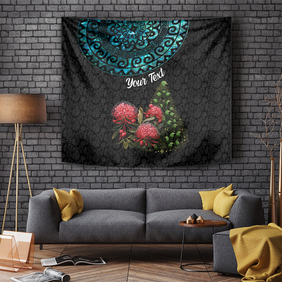 Personalized New Zealand Christmas Tapestry Maori Santa Pikorua and Pohutukawa Meri Kirihimete LT03 Black - Polynesian Pride