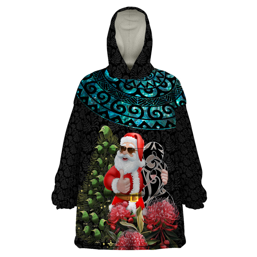 Personalized New Zealand Christmas Wearable Blanket Hoodie Maori Santa Pikorua and Pohutukawa Meri Kirihimete LT03 One Size Black - Polynesian Pride