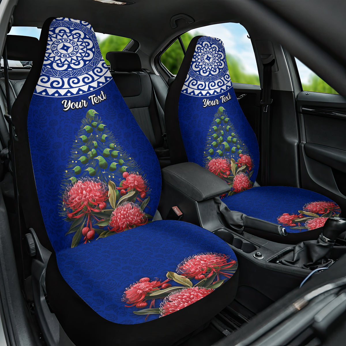 Personalized New Zealand Christmas Car Seat Cover Maori Santa Pikorua and Pohutukawa Meri Kirihimete Blue LT03 One Size Blue - Polynesian Pride