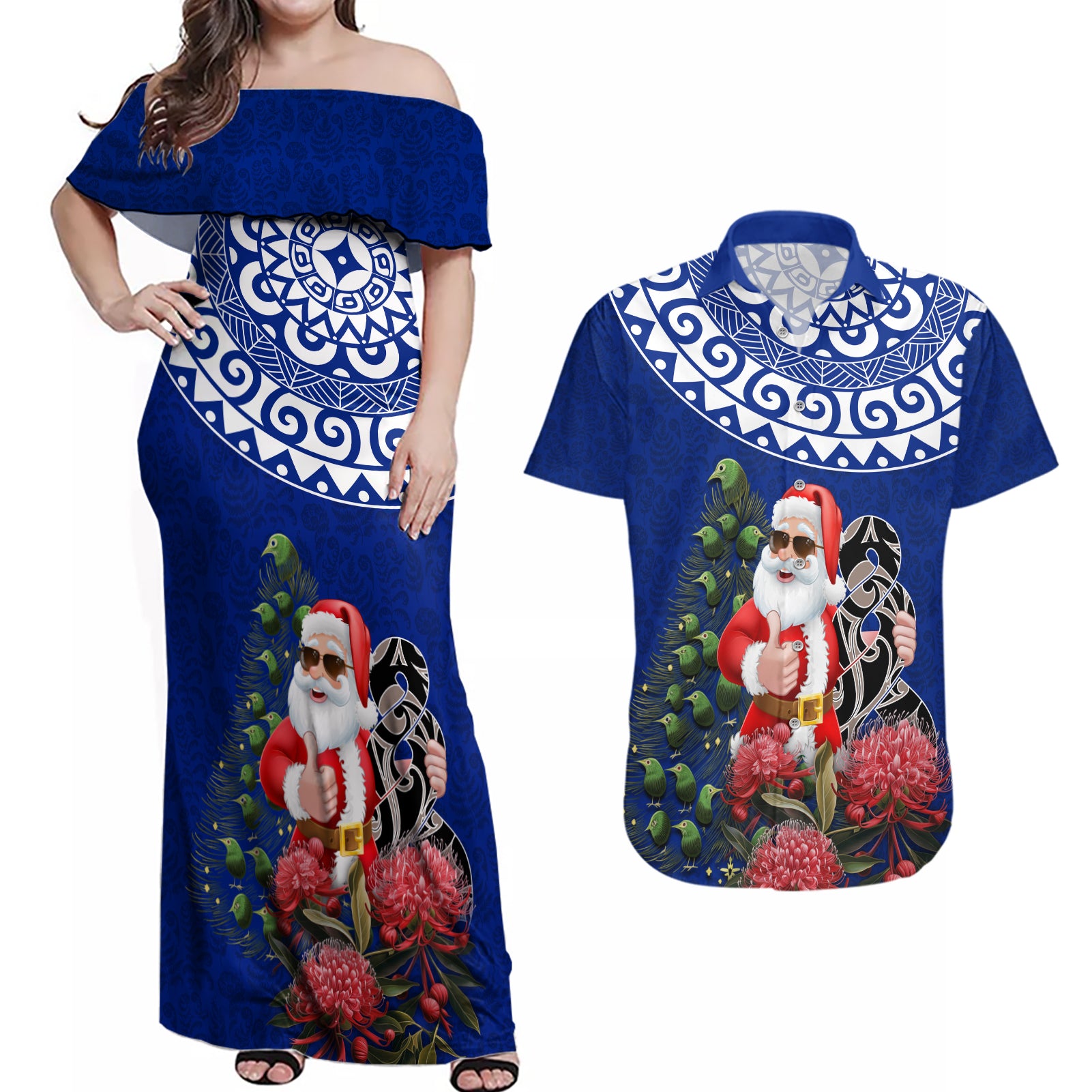 Personalized New Zealand Christmas Couples Matching Off Shoulder Maxi Dress and Hawaiian Shirt Maori Santa Pikorua and Pohutukawa Meri Kirihimete Blue LT03 Blue - Polynesian Pride