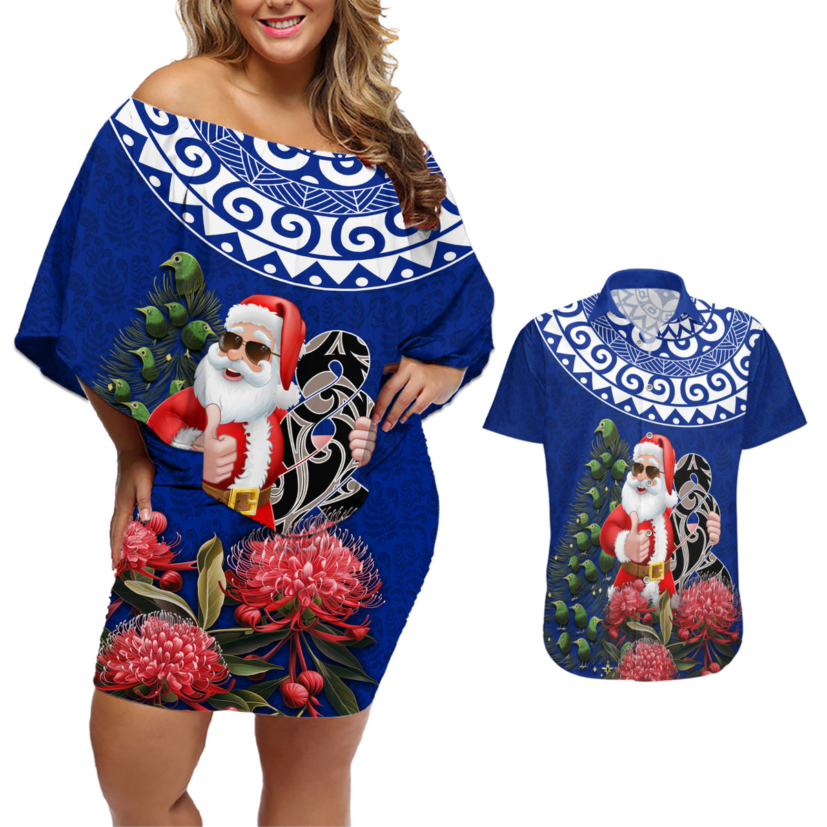 Personalized New Zealand Christmas Couples Matching Off Shoulder Short Dress and Hawaiian Shirt Maori Santa Pikorua and Pohutukawa Meri Kirihimete Blue LT03 Blue - Polynesian Pride