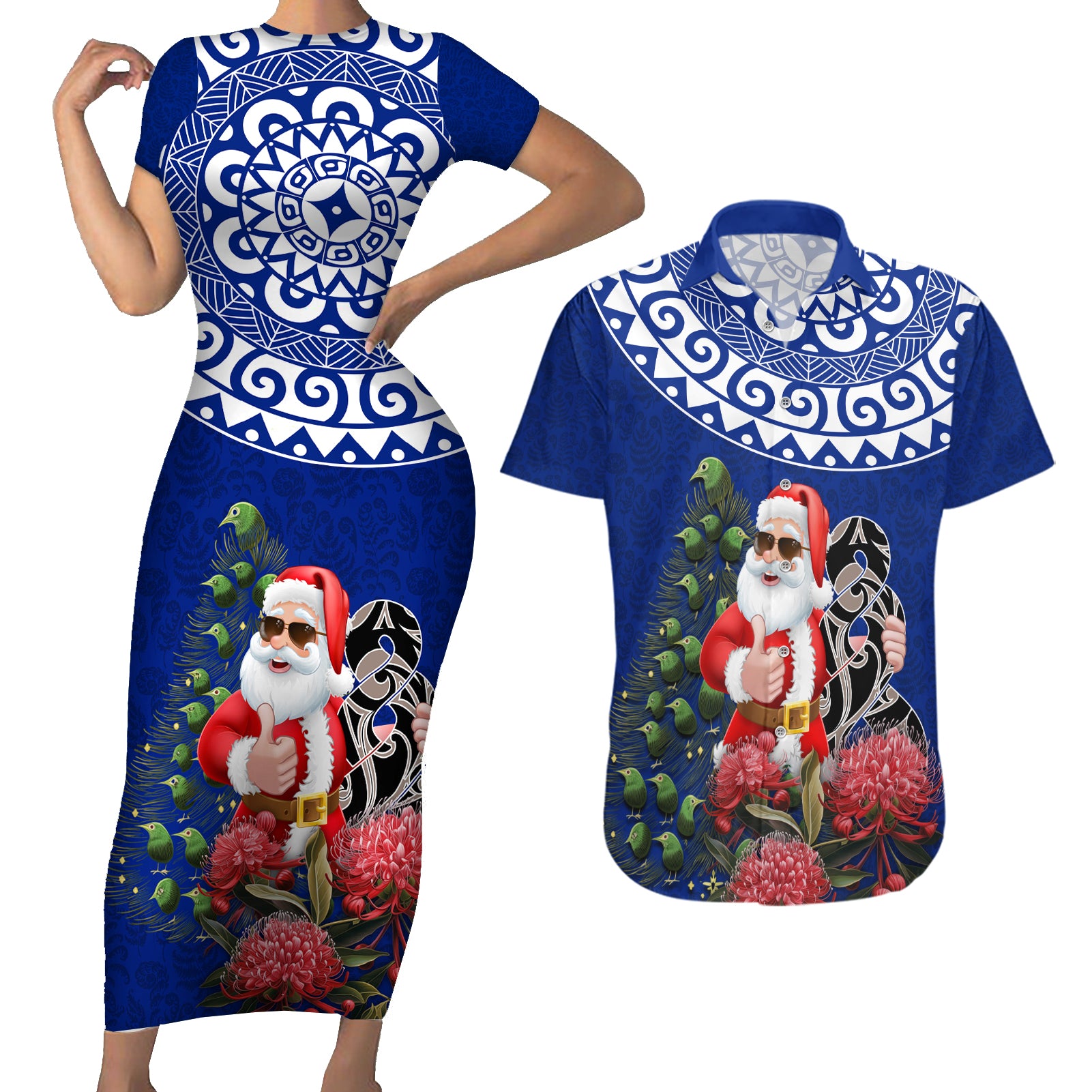 Personalized New Zealand Christmas Couples Matching Short Sleeve Bodycon Dress and Hawaiian Shirt Maori Santa Pikorua and Pohutukawa Meri Kirihimete Blue LT03 Blue - Polynesian Pride