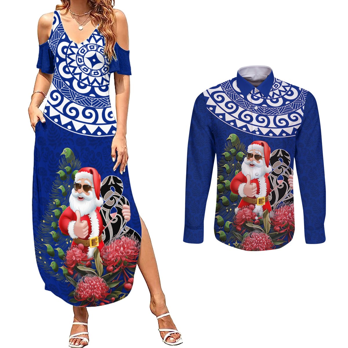 Personalized New Zealand Christmas Couples Matching Summer Maxi Dress and Long Sleeve Button Shirt Maori Santa Pikorua and Pohutukawa Meri Kirihimete Blue LT03 Blue - Polynesian Pride