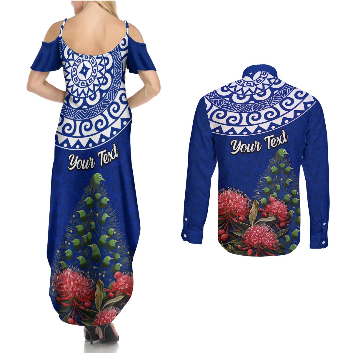 Personalized New Zealand Christmas Couples Matching Summer Maxi Dress and Long Sleeve Button Shirt Maori Santa Pikorua and Pohutukawa Meri Kirihimete Blue LT03 - Polynesian Pride