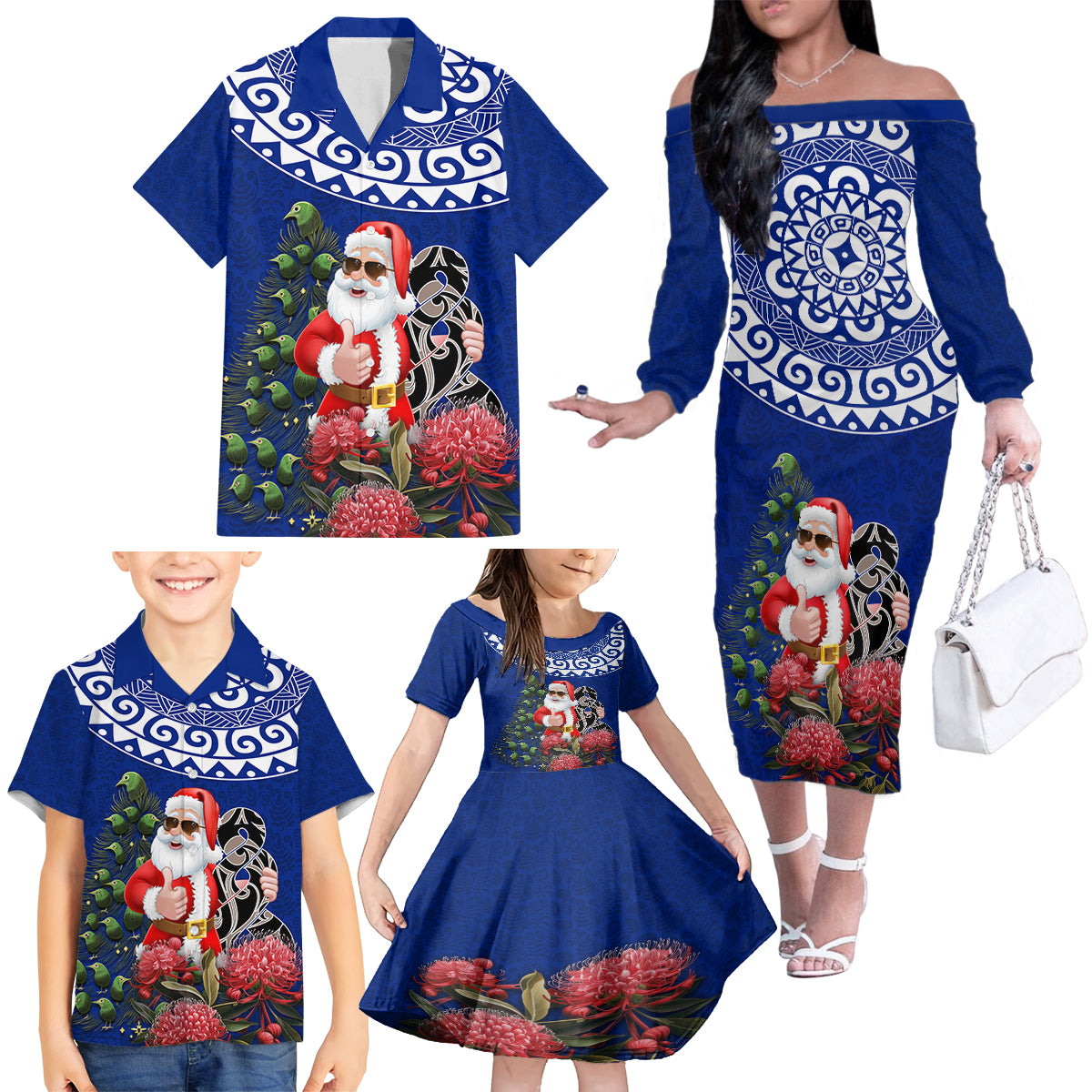 Personalized New Zealand Christmas Family Matching Off Shoulder Long Sleeve Dress and Hawaiian Shirt Maori Santa Pikorua and Pohutukawa Meri Kirihimete Blue LT03 - Polynesian Pride