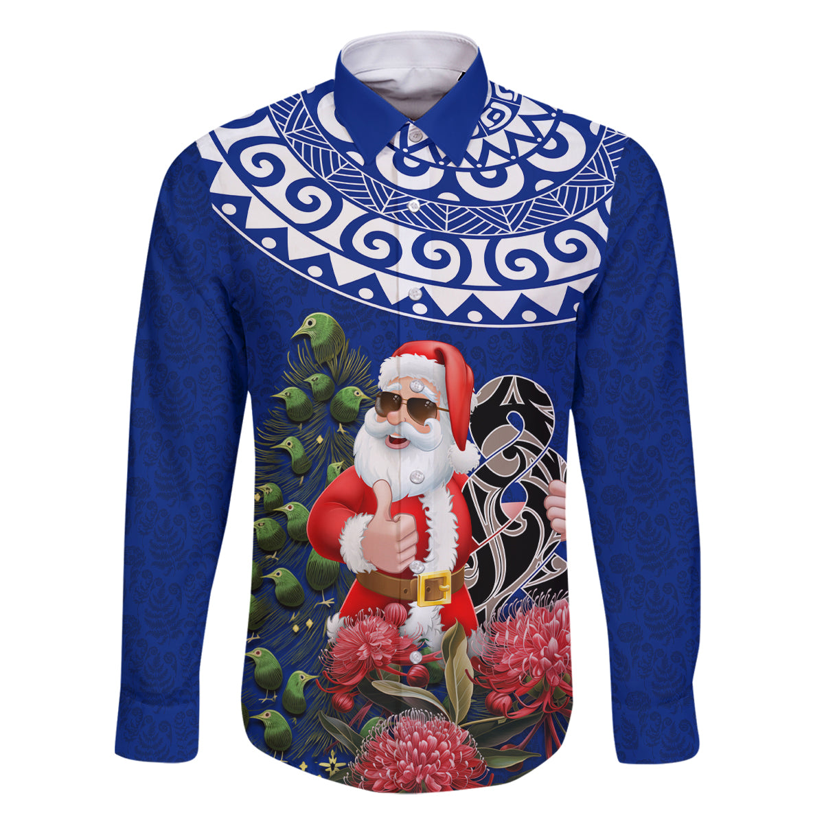 Personalized New Zealand Christmas Family Matching Off Shoulder Long Sleeve Dress and Hawaiian Shirt Maori Santa Pikorua and Pohutukawa Meri Kirihimete Blue LT03 Dad's Shirt - Long Sleeve Blue - Polynesian Pride
