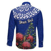 Personalized New Zealand Christmas Family Matching Off Shoulder Long Sleeve Dress and Hawaiian Shirt Maori Santa Pikorua and Pohutukawa Meri Kirihimete Blue LT03 - Polynesian Pride