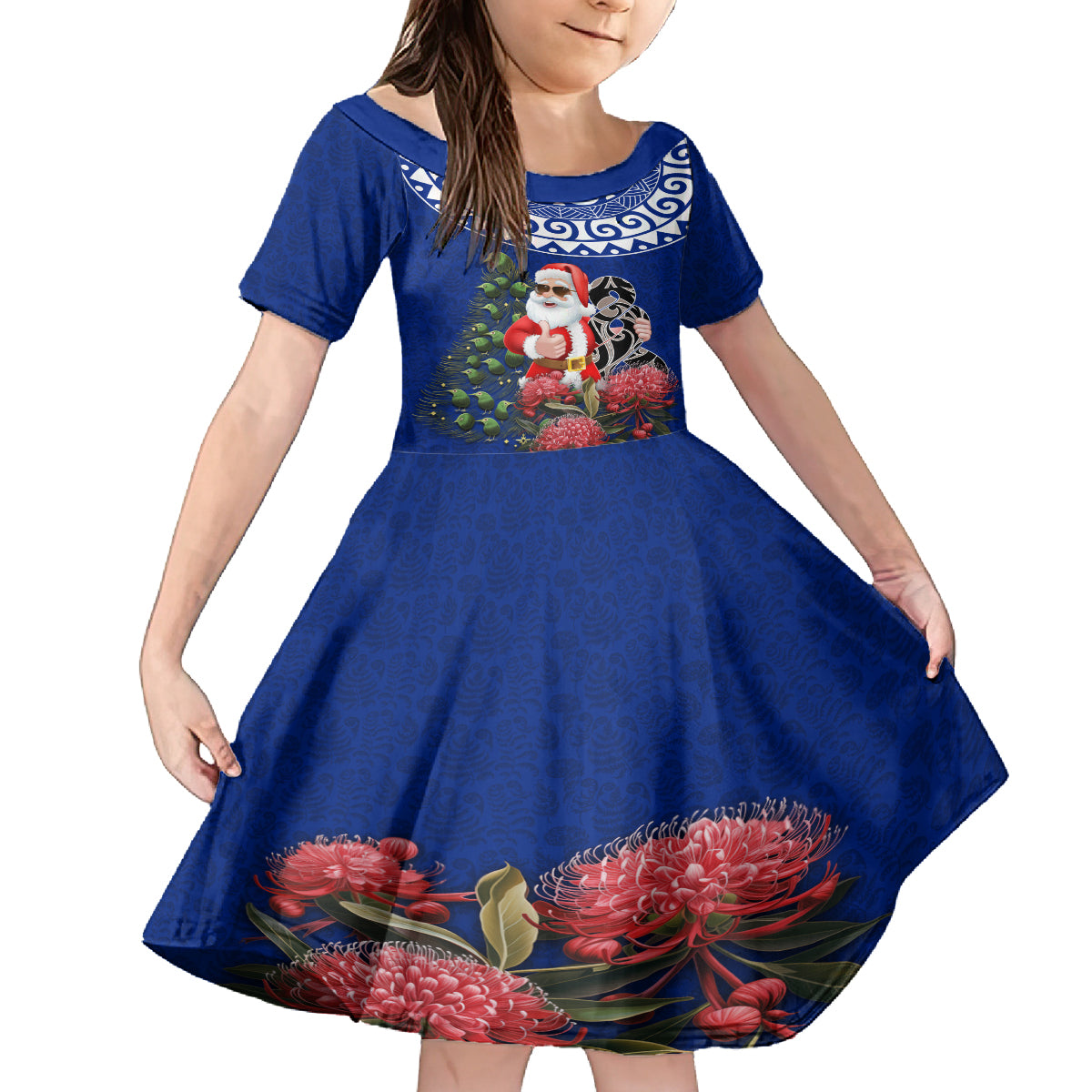Personalized New Zealand Christmas Family Matching Off Shoulder Maxi Dress and Hawaiian Shirt Maori Santa Pikorua and Pohutukawa Meri Kirihimete Blue LT03 Daughter's Dress Blue - Polynesian Pride