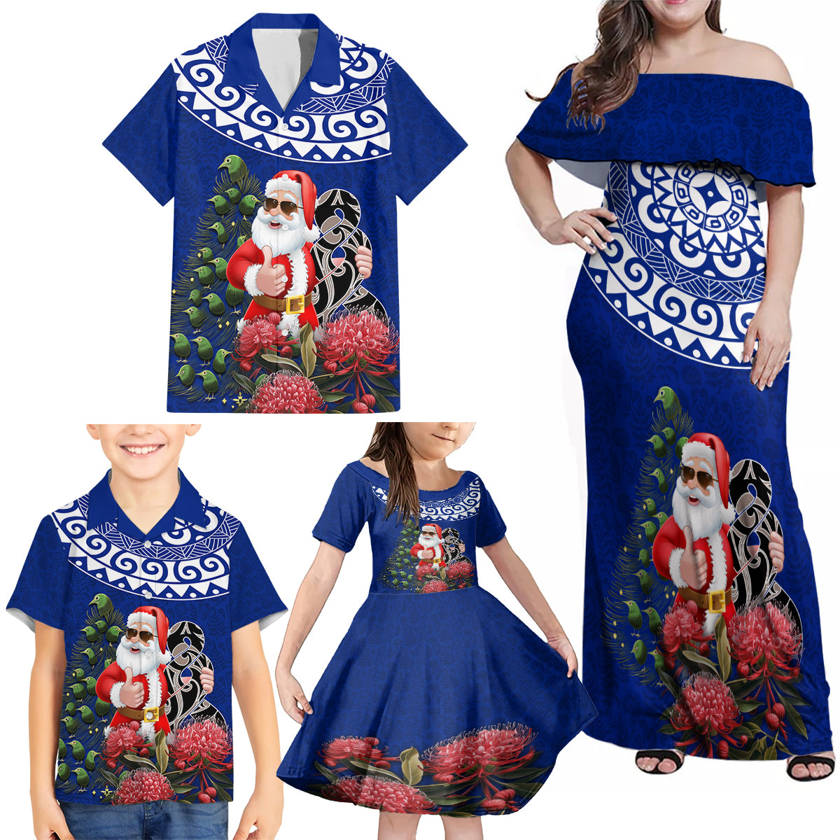 Personalized New Zealand Christmas Family Matching Off Shoulder Maxi Dress and Hawaiian Shirt Maori Santa Pikorua and Pohutukawa Meri Kirihimete Blue LT03 - Polynesian Pride