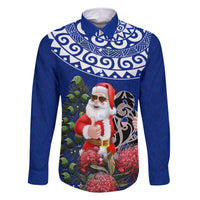 Personalized New Zealand Christmas Family Matching Short Sleeve Bodycon Dress and Hawaiian Shirt Maori Santa Pikorua and Pohutukawa Meri Kirihimete Blue LT03 Dad's Shirt - Long Sleeve Blue - Polynesian Pride