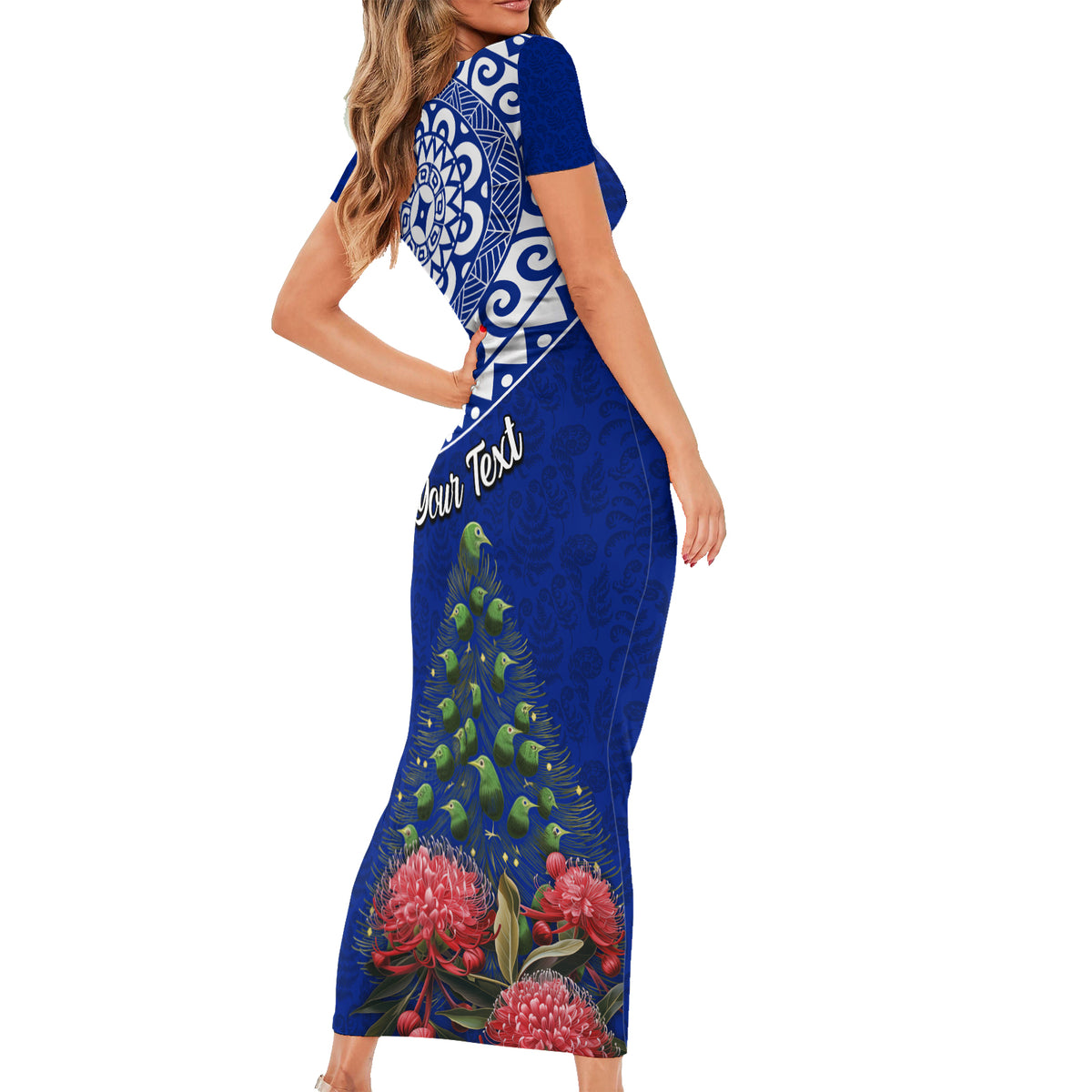 Personalized New Zealand Christmas Family Matching Short Sleeve Bodycon Dress and Hawaiian Shirt Maori Santa Pikorua and Pohutukawa Meri Kirihimete Blue LT03 - Polynesian Pride