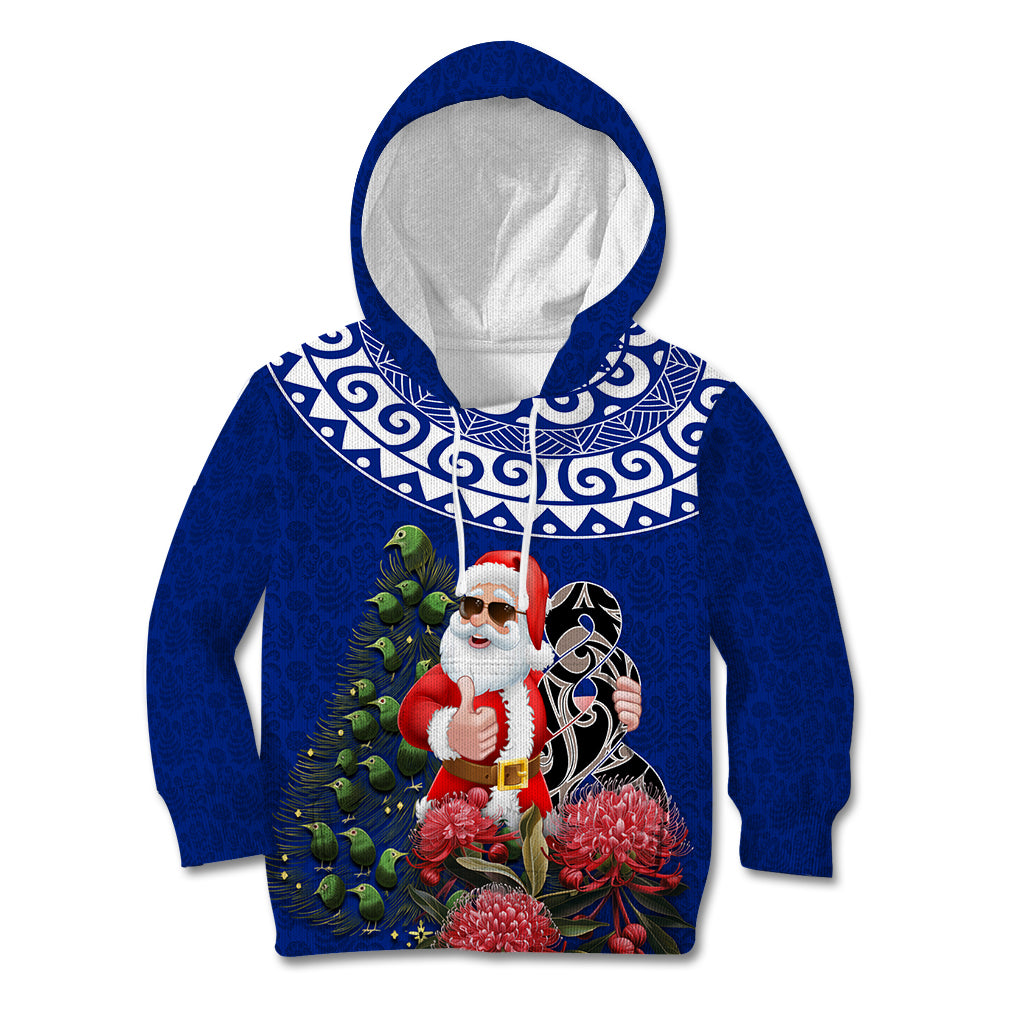 Personalized New Zealand Christmas Kid Hoodie Maori Santa Pikorua and Pohutukawa Meri Kirihimete Blue LT03 Hoodie Blue - Polynesian Pride