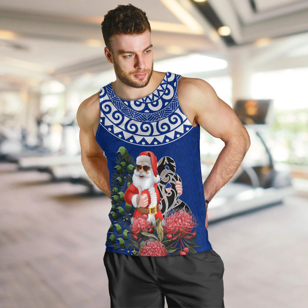 Personalized New Zealand Christmas Men Tank Top Maori Santa Pikorua and Pohutukawa Meri Kirihimete Blue LT03 Blue - Polynesian Pride