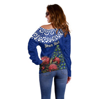 Personalized New Zealand Christmas Off Shoulder Sweater Maori Santa Pikorua and Pohutukawa Meri Kirihimete Blue LT03 - Polynesian Pride