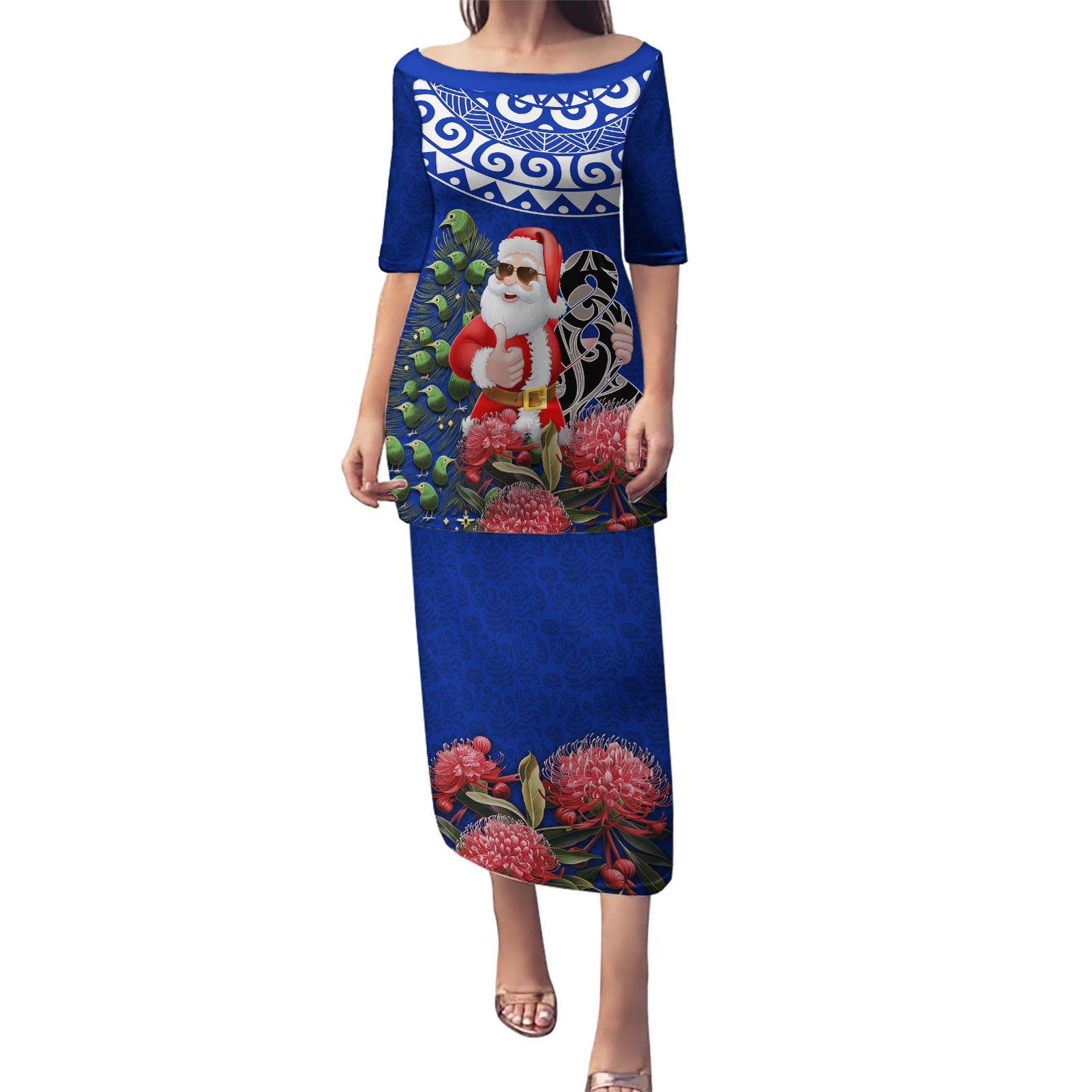 Personalized New Zealand Christmas Puletasi Maori Santa Pikorua and Pohutukawa Meri Kirihimete Blue LT03 Long Dress Blue - Polynesian Pride