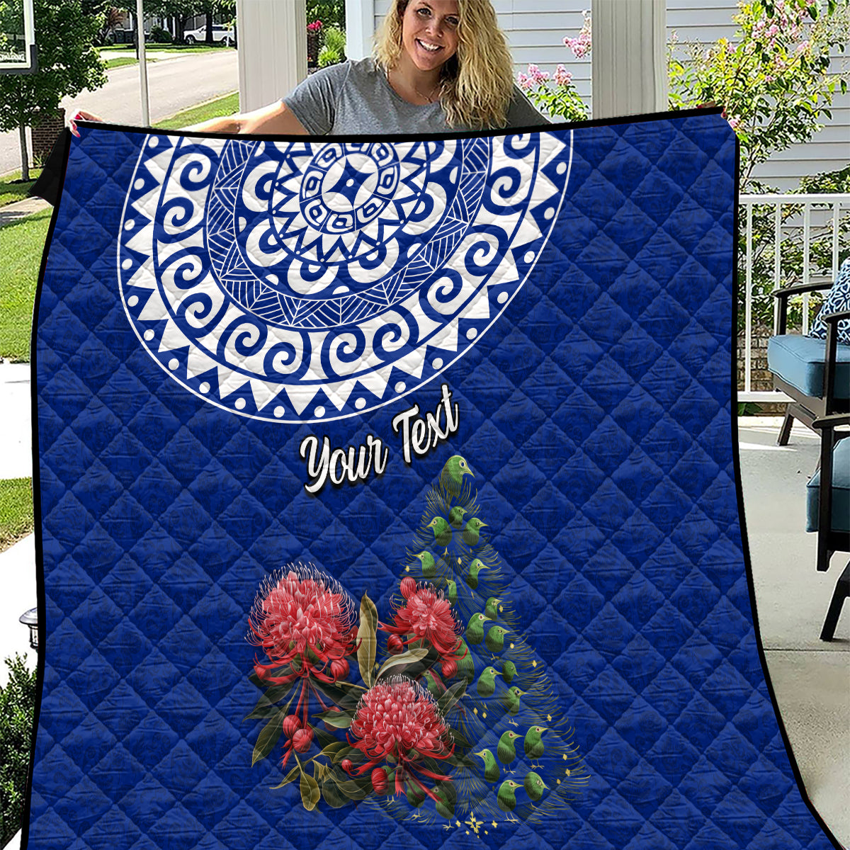 Personalized New Zealand Christmas Quilt Maori Santa Pikorua and Pohutukawa Meri Kirihimete Blue LT03 Blue - Polynesian Pride