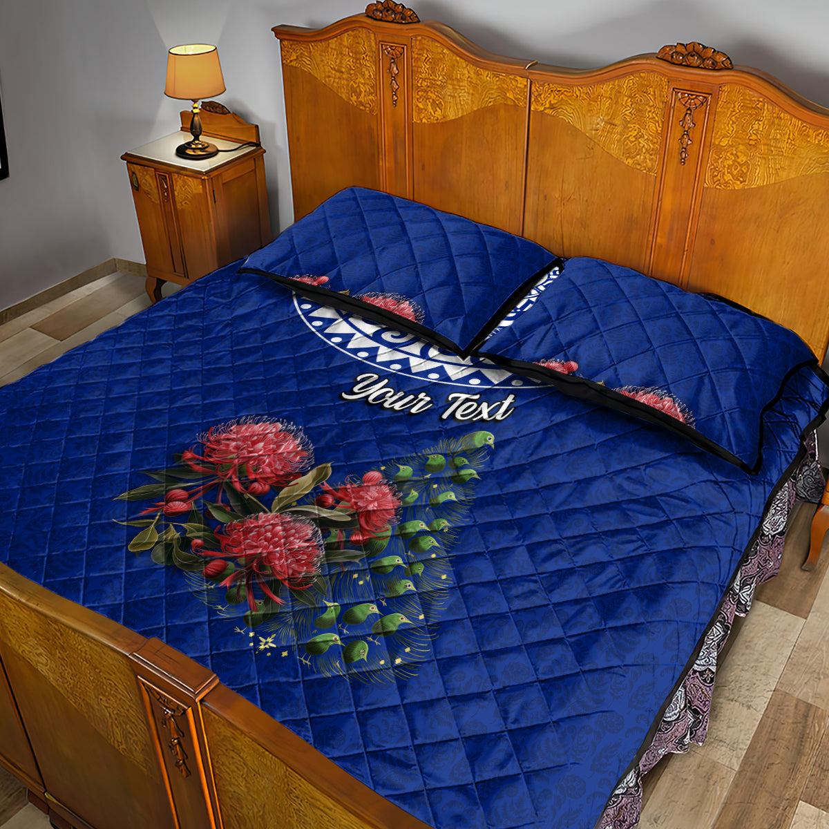 Personalized New Zealand Christmas Quilt Bed Set Maori Santa Pikorua and Pohutukawa Meri Kirihimete Blue LT03 - Polynesian Pride