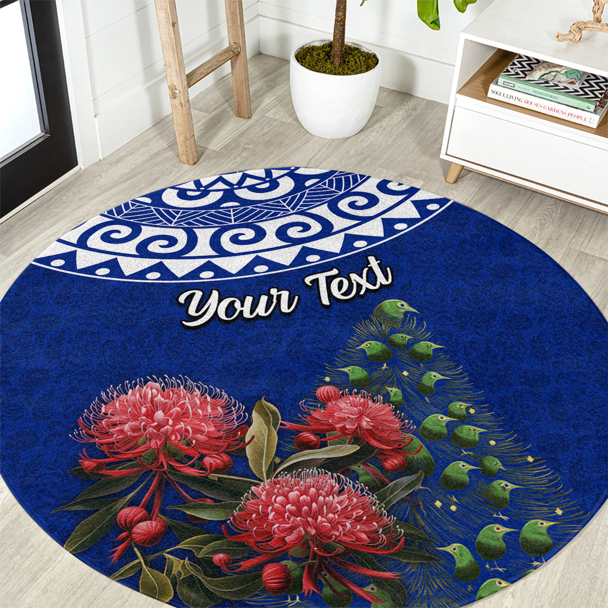 Personalized New Zealand Christmas Round Carpet Maori Santa Pikorua and Pohutukawa Meri Kirihimete Blue LT03 Blue - Polynesian Pride