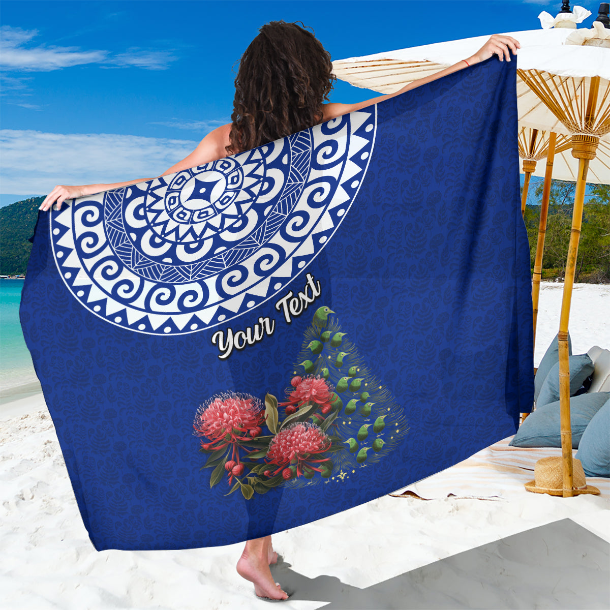 Personalized New Zealand Christmas Sarong Maori Santa Pikorua and Pohutukawa Meri Kirihimete Blue LT03 One Size 44 x 66 inches Blue - Polynesian Pride