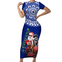 Personalized New Zealand Christmas Short Sleeve Bodycon Dress Maori Santa Pikorua and Pohutukawa Meri Kirihimete Blue LT03 Long Dress Blue - Polynesian Pride