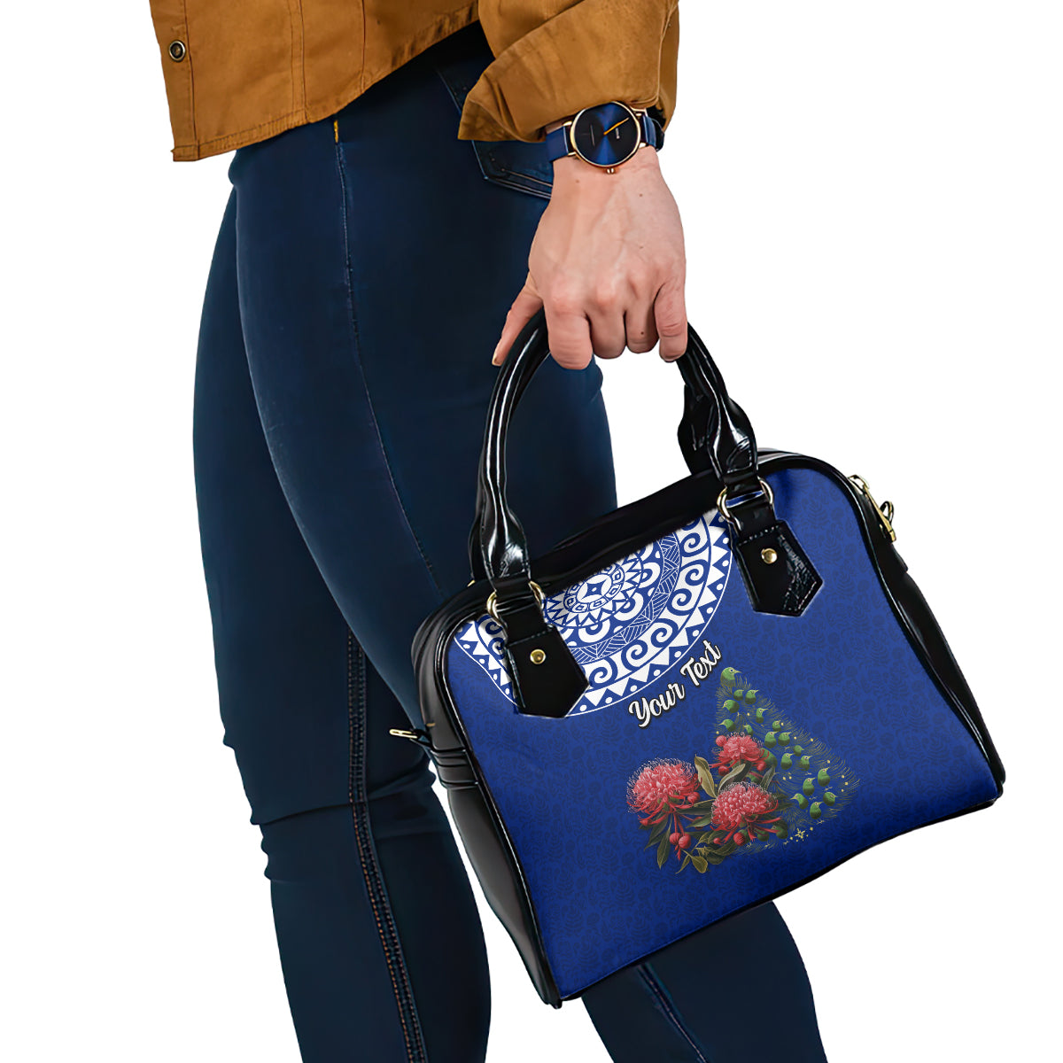 Personalized New Zealand Christmas Shoulder Handbag Maori Santa Pikorua and Pohutukawa Meri Kirihimete Blue LT03 - Polynesian Pride
