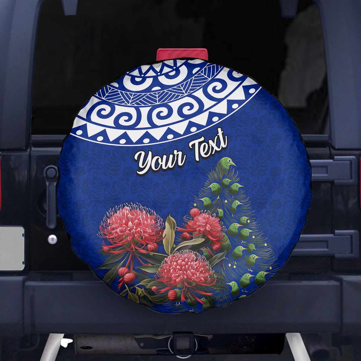 Personalized New Zealand Christmas Spare Tire Cover Maori Santa Pikorua and Pohutukawa Meri Kirihimete Blue LT03 Blue - Polynesian Pride