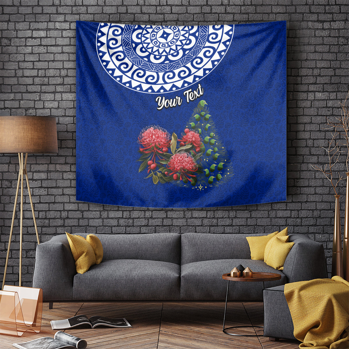 Personalized New Zealand Christmas Tapestry Maori Santa Pikorua and Pohutukawa Meri Kirihimete Blue LT03 Blue - Polynesian Pride