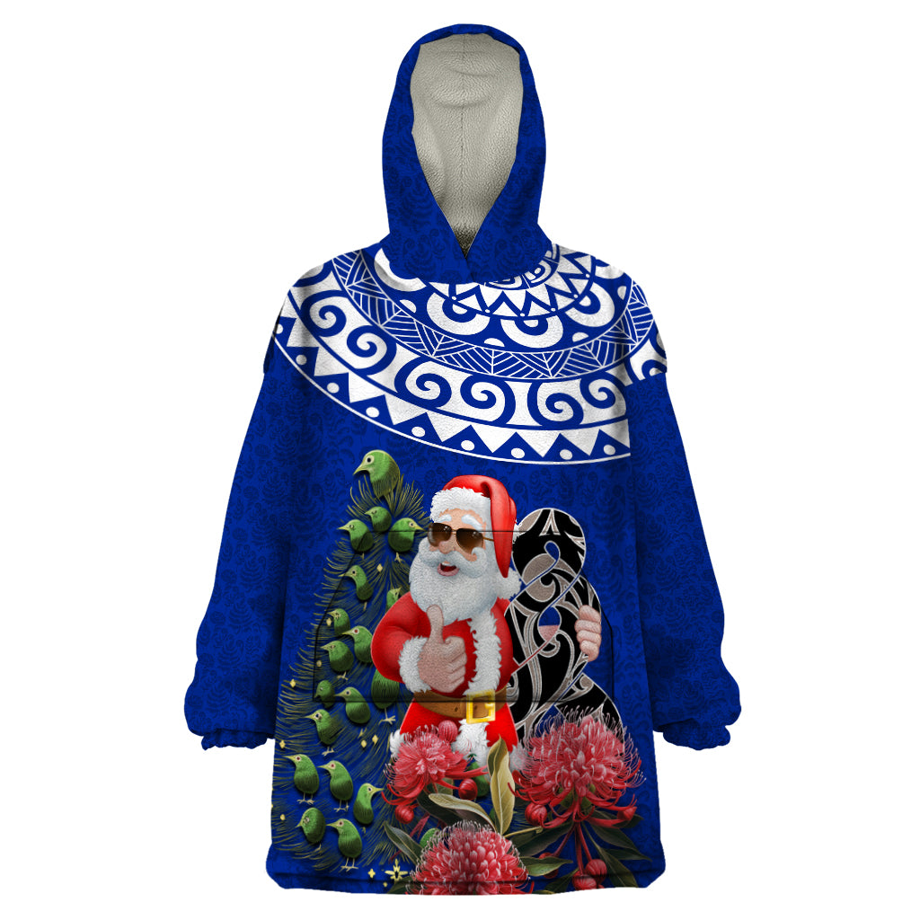 Personalized New Zealand Christmas Wearable Blanket Hoodie Maori Santa Pikorua and Pohutukawa Meri Kirihimete Blue LT03 One Size Blue - Polynesian Pride