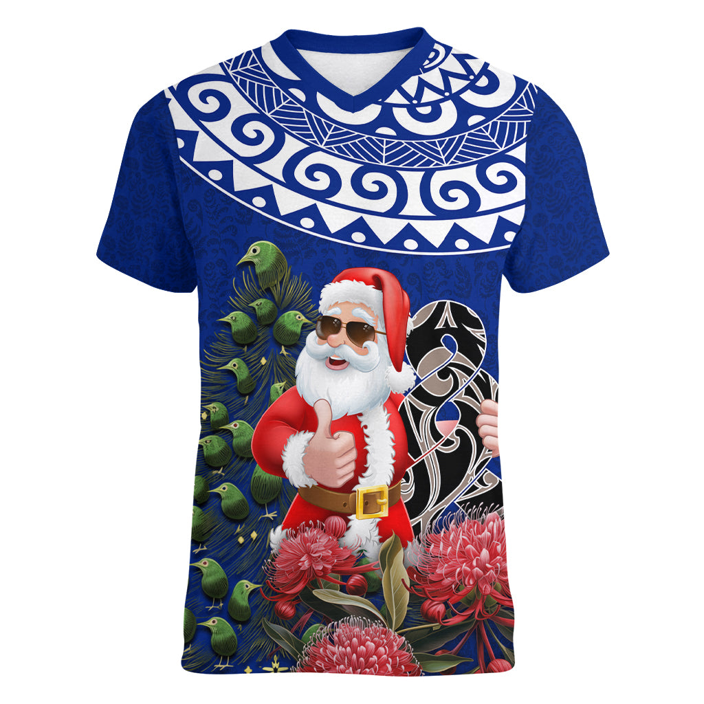 Personalized New Zealand Christmas Women V Neck T Shirt Maori Santa Pikorua and Pohutukawa Meri Kirihimete Blue LT03 Female Blue - Polynesian Pride