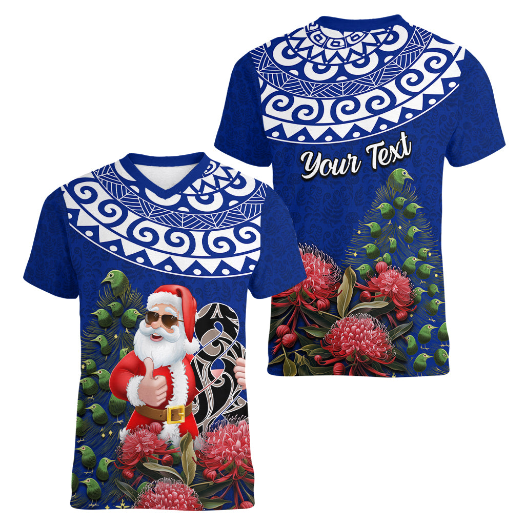 Personalized New Zealand Christmas Women V Neck T Shirt Maori Santa Pikorua and Pohutukawa Meri Kirihimete Blue LT03 - Polynesian Pride