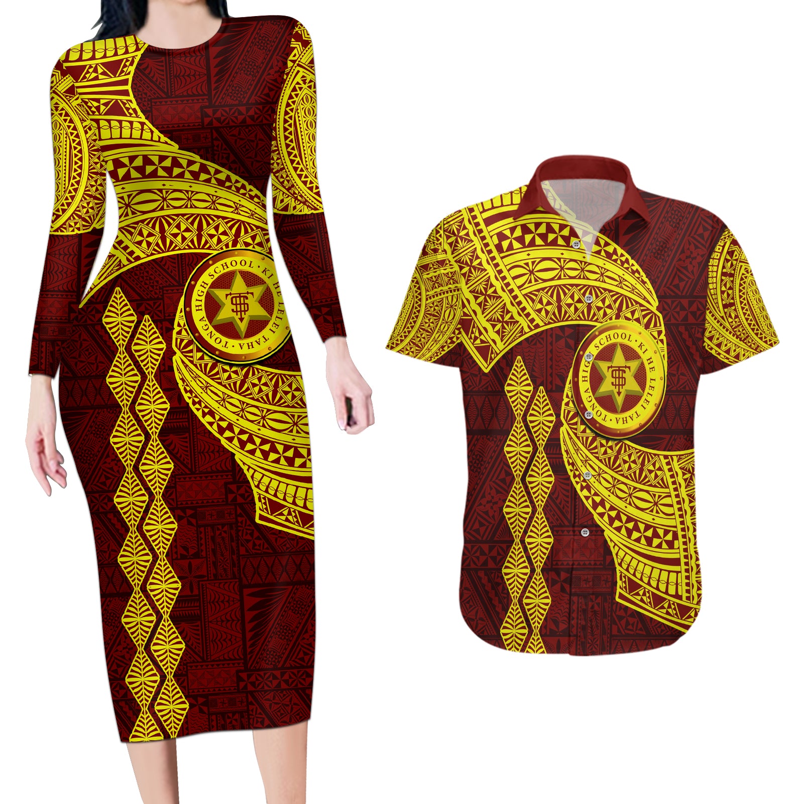 Tonga High School Couples Matching Long Sleeve Bodycon Dress and Hawaiian Shirt Traditional Ngatu and Polynesian Pattern LT03 Yellow - Polynesian Pride