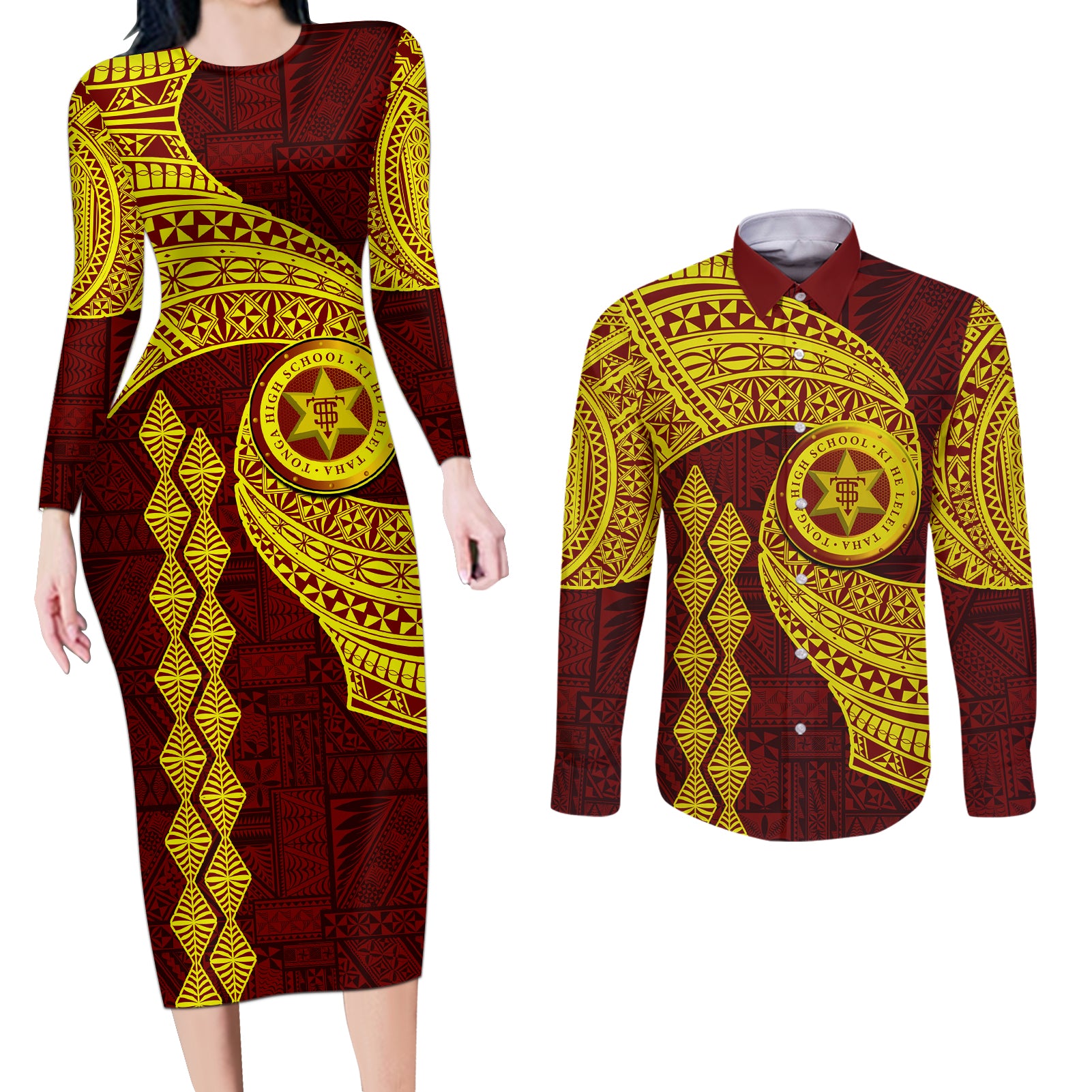 Tonga High School Couples Matching Long Sleeve Bodycon Dress and Long Sleeve Button Shirt Traditional Ngatu and Polynesian Pattern LT03 Yellow - Polynesian Pride