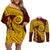 Tonga High School Couples Matching Off Shoulder Short Dress and Long Sleeve Button Shirt Traditional Ngatu and Polynesian Pattern LT03 Yellow - Polynesian Pride