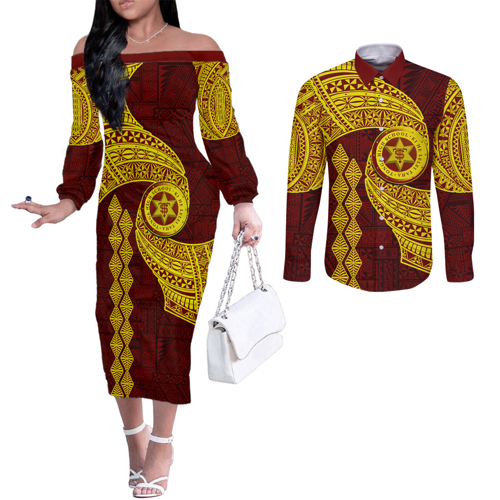 Tonga High School Couples Matching Off The Shoulder Long Sleeve Dress and Long Sleeve Button Shirt Traditional Ngatu and Polynesian Pattern LT03 Yellow - Polynesian Pride