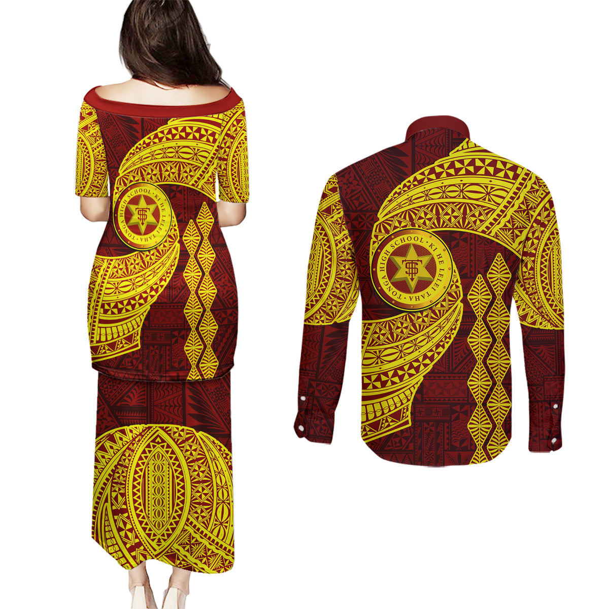 Tonga High School Couples Matching Puletasi Dress and Long Sleeve Button Shirt Traditional Ngatu and Polynesian Pattern LT03 - Polynesian Pride
