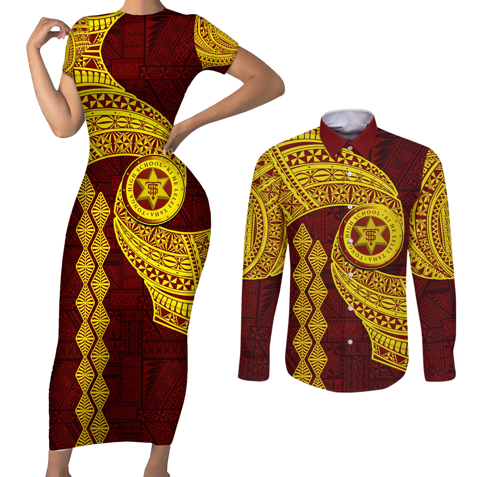 Tonga High School Couples Matching Short Sleeve Bodycon Dress and Long Sleeve Button Shirt Traditional Ngatu and Polynesian Pattern LT03 Yellow - Polynesian Pride