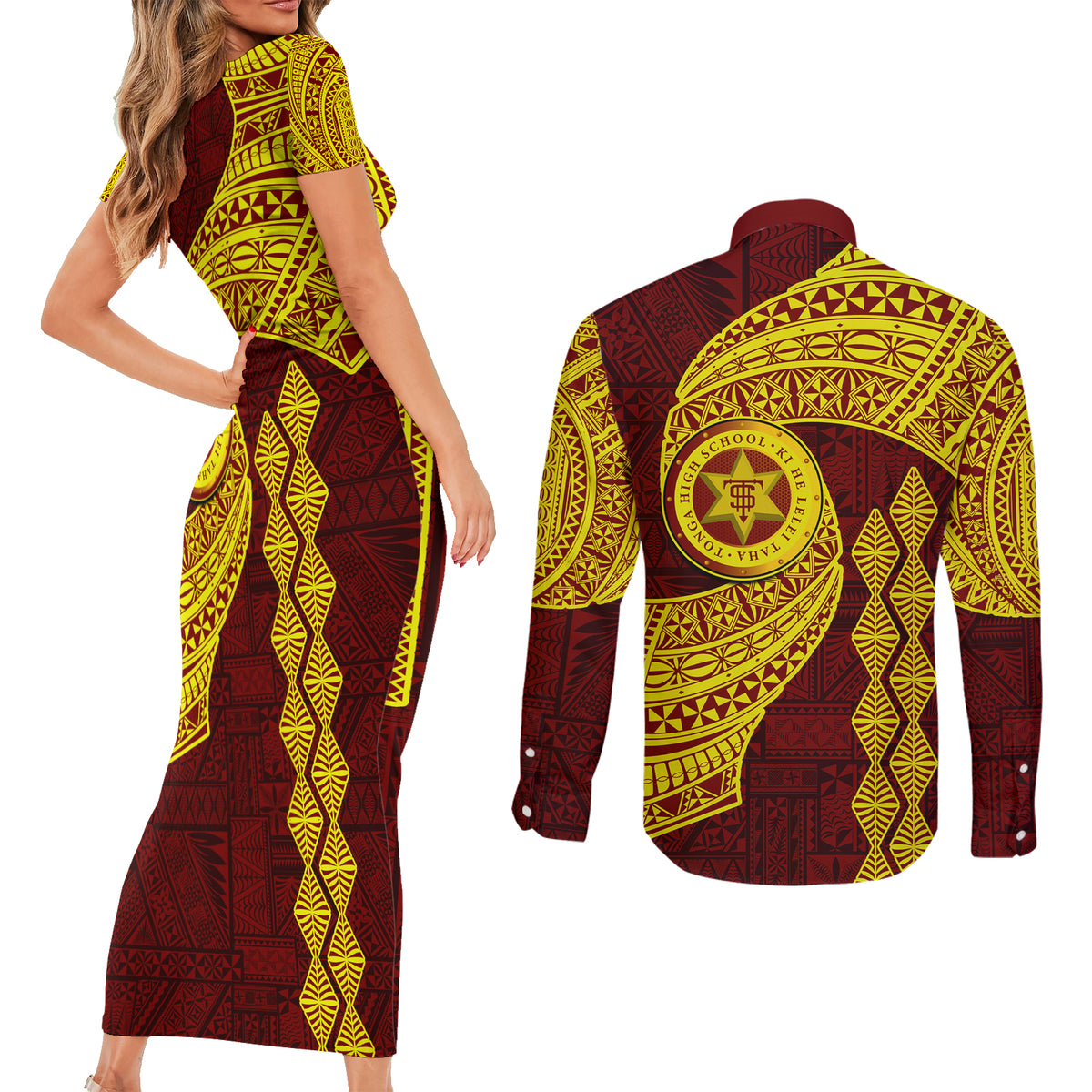 Tonga High School Couples Matching Short Sleeve Bodycon Dress and Long Sleeve Button Shirt Traditional Ngatu and Polynesian Pattern LT03 - Polynesian Pride