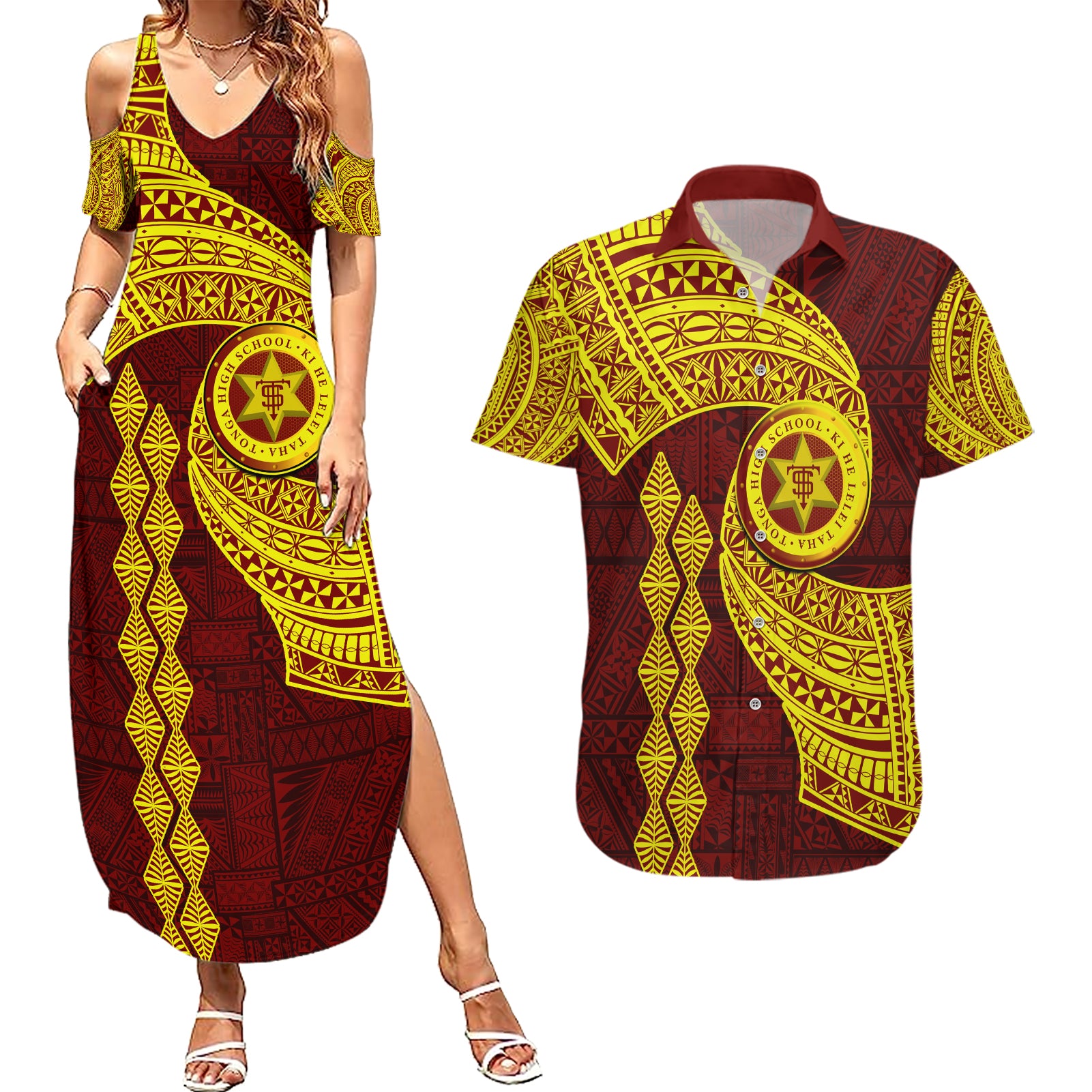 Tonga High School Couples Matching Summer Maxi Dress and Hawaiian Shirt Traditional Ngatu and Polynesian Pattern LT03 Yellow - Polynesian Pride