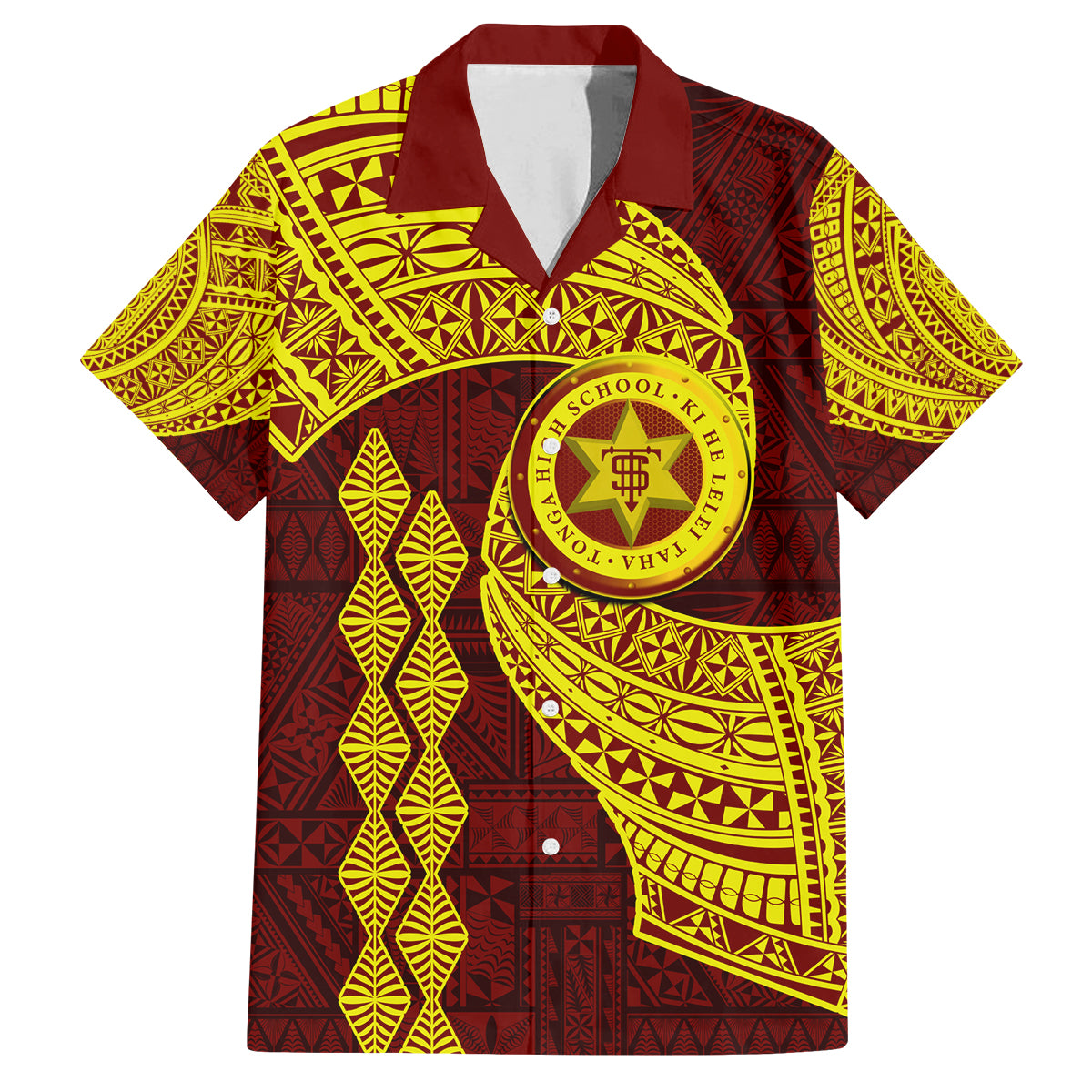 Tonga High School Family Matching Off Shoulder Long Sleeve Dress and Hawaiian Shirt Traditional Ngatu and Polynesian Pattern LT03 Dad's Shirt - Short Sleeve Yellow - Polynesian Pride