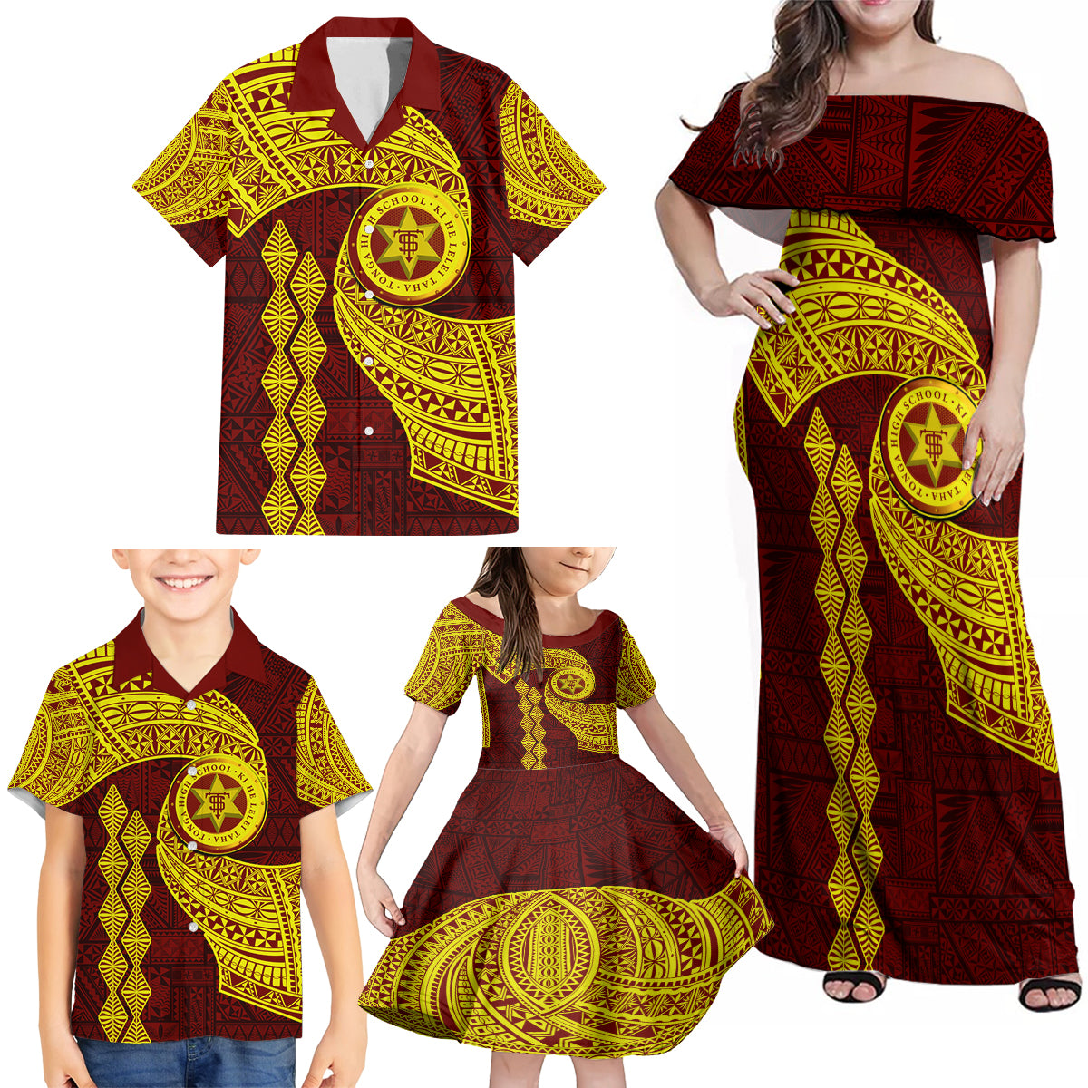 Tonga High School Family Matching Off Shoulder Maxi Dress and Hawaiian Shirt Traditional Ngatu and Polynesian Pattern LT03 - Polynesian Pride